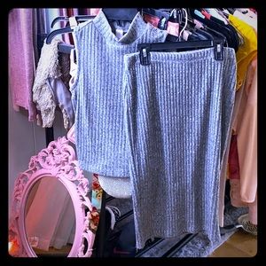 two piece grey vertical ribbed set